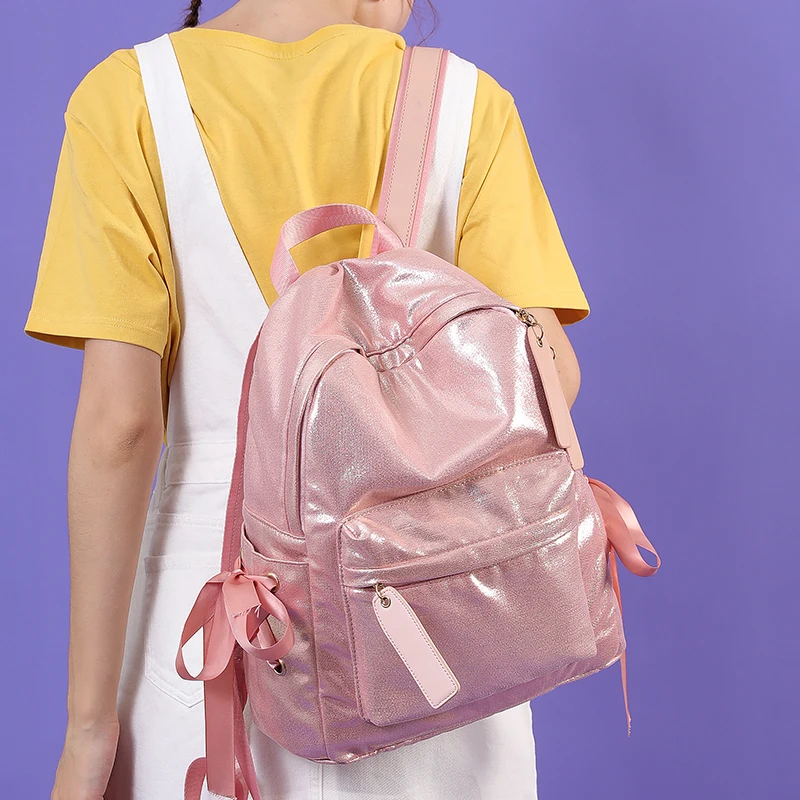 Новинка, повседневный Блестящий нейлоновый женский модный рюкзак, Женская Большая вместительность, А4, рюкзак для колледжа, для девочек, розовый, серебристый