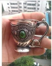 

6pcs Fine Design Carvings Tibetan Silver Totem Wine Cup green jade 2.2" Vintage Garden Decoration 100% Tibetan silver Bronze