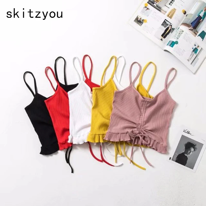 

skitzyou 2018 Summer Top Women Sexy V Neck Cotton Elastic Crop Tops Spaghetti Strap Street Wear Fashion Basic Cotton Camis Tees