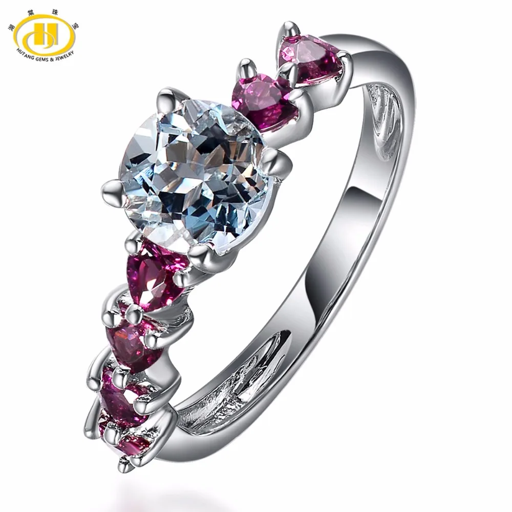 

Hutang Hiphop Natural Aquamarine & Rhodolite Gemstone Solid 925 Sterling Silver Ring Womens Fine Jewelry Romantic Wedding Rings