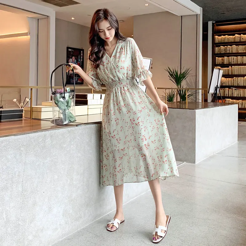 

Bohemian Chiffon Dresses V-neck Floral Print Elastic Waist Women Dress Vintage Flare Sleeve A-line Female Dresses Midi Vestidos