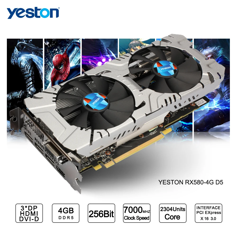 Yeston Radeon RX 580 GPU 4 Гб GDDR5 256 бит игровой настольный компьютер ПК видео Графика карты Поддержка сигнала от DVI HDMI