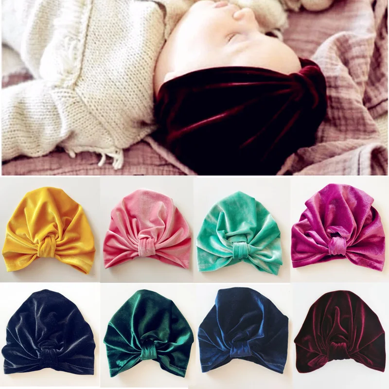 

New Gold velvet Knot Girls Turban Hat Winter Children Skullies Beanies Cap Indian Muslim Headwrap Accessories