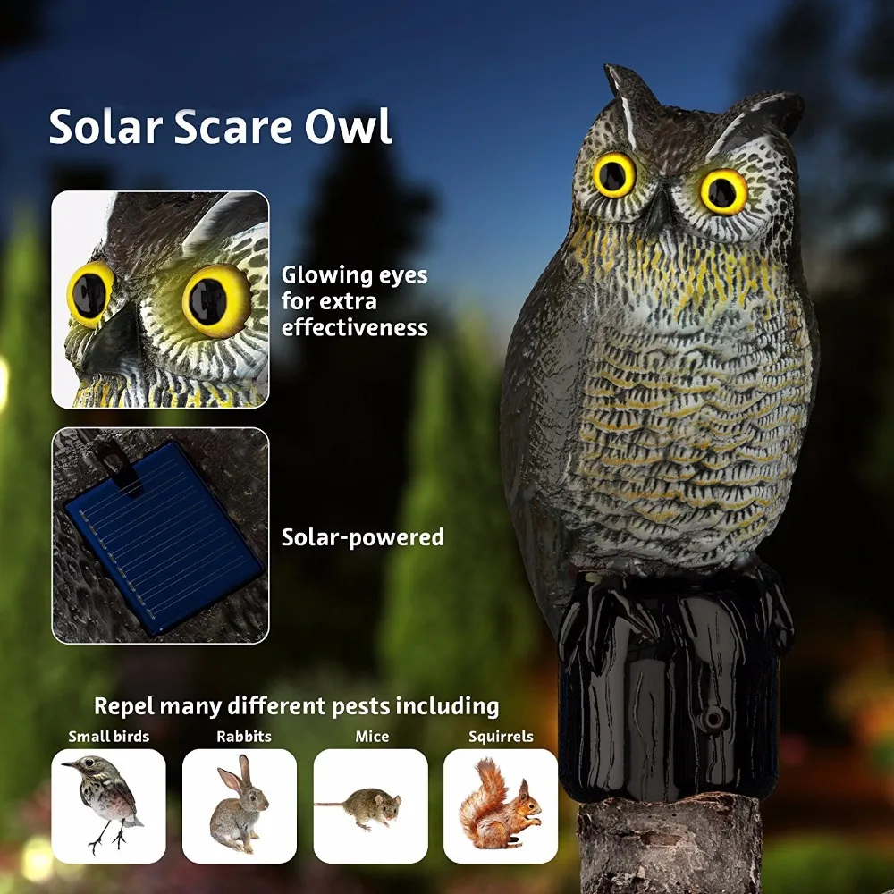 Realistic Owl Scarecrow with Flashing Eyes and Frightening Sound Solar