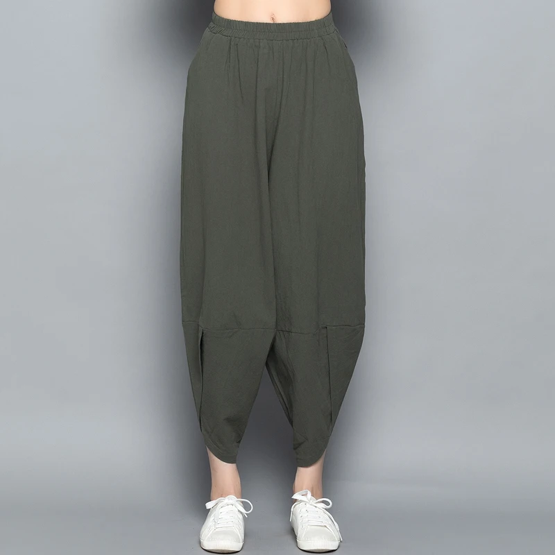 

Spring Fall Harajuku Hippie Boho Casual Linen Cotton Elastic Waist Calf Length Loose Baggy Pantolon Women Pants Ladies Trousers