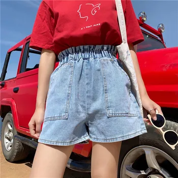 

S-XL 2 colors Streetwear Women Denim Shorts 2019 summer High Elastic Waist Wide Leg Shorts Jeans Blue beige Short Femme (Z6316)