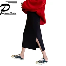 Модные прямые юбки для женщин для Новинка года Тонкий и простой разделение вилы плюс бархат утолщаются сплошной цвет ЮБК