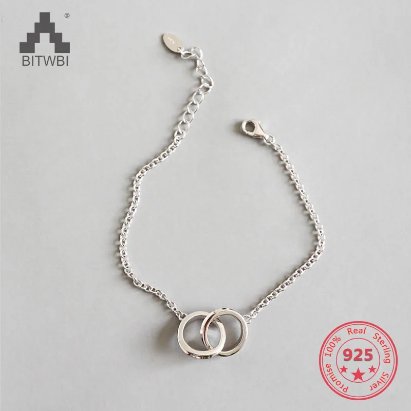 925 Solid Sterling Silver Simple Double Circle Charm Chain Bracelet for Women