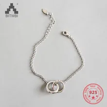 925 Solid Sterling Silver Simple Double Circle Charm Chain Bracelet for Women