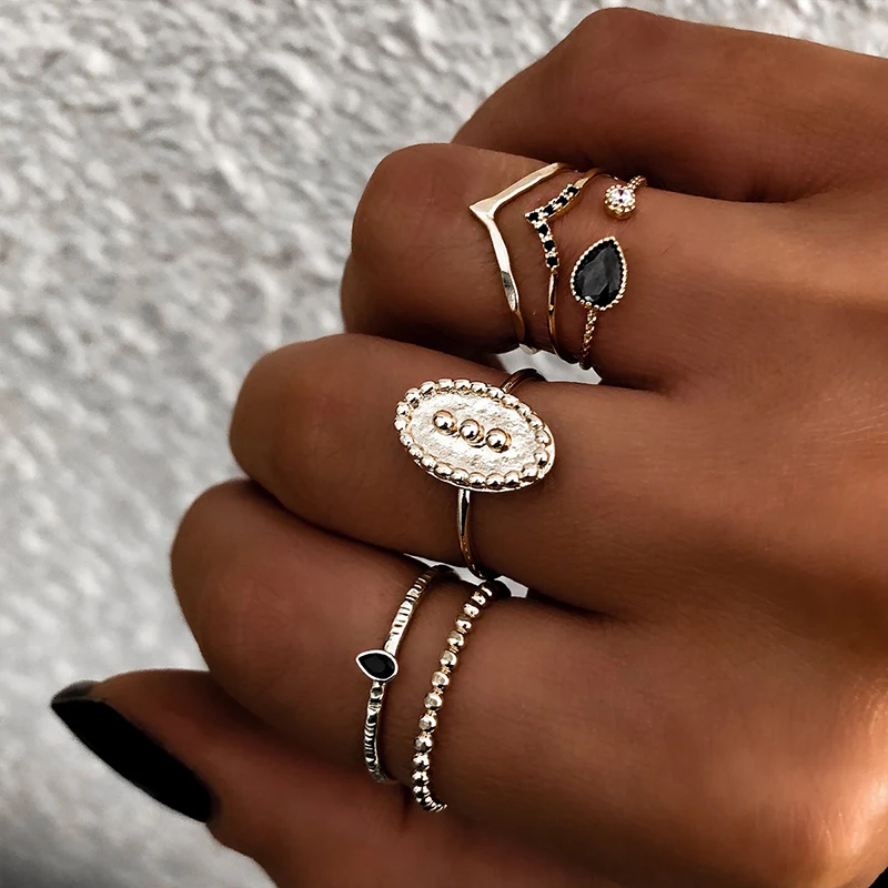 

6pcs/lot Boho Gold Color Ring Set For Women Waterdrop Crystal CZ Knuckle Midi Finger Rings Jewelry Bague Homme
