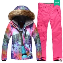 Женский розовый женский лыжный костюм розовый фиолетовый меховой воротник бейсболка для езды и походов Лыжная куртка и розовые зимние лыжные брюки костюмы для спорта на открытом воздухе