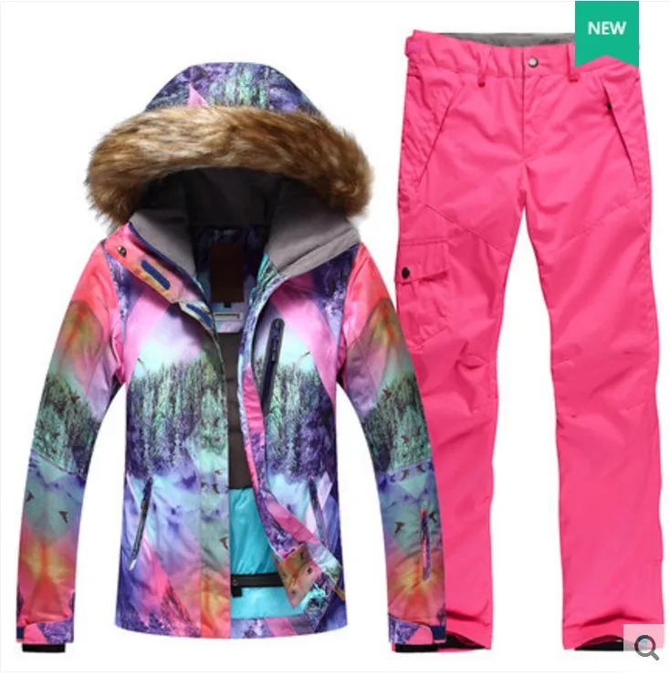 Women’s pink ski suit female pink violet fur collar riding hiking snow