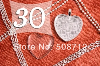 

30sets DIY 1 Inch Pendant Kits Silver Plated Heart 25 mm Pendant Tray with matching Chain and Glass