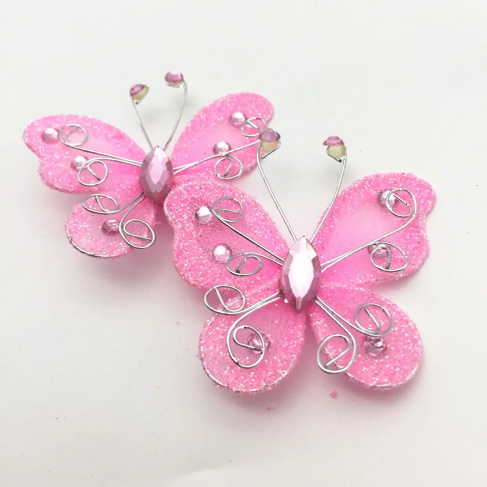 Pink 53x45mm Wire Glitter Butterfly Garment Appliques Wedding