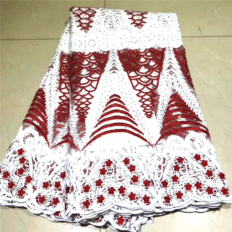 

French Lace Fabrics 2019 White&Red African Tulle Lace Fabric High Quality Guipure Cord Lace Fabric For Wedding Party NLY88-1