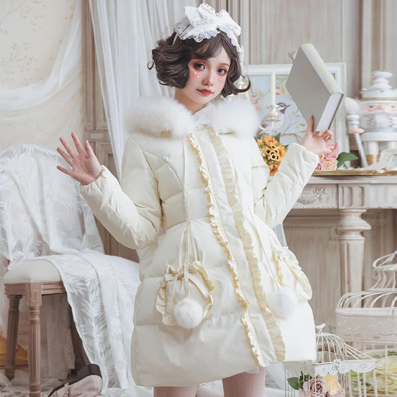 

2019 Limited New Brocade Garden Dress Lolita Autumn And Winter Thickened Thermal Pocket, Fur Collar Witch Hat, Down Cotton Coat