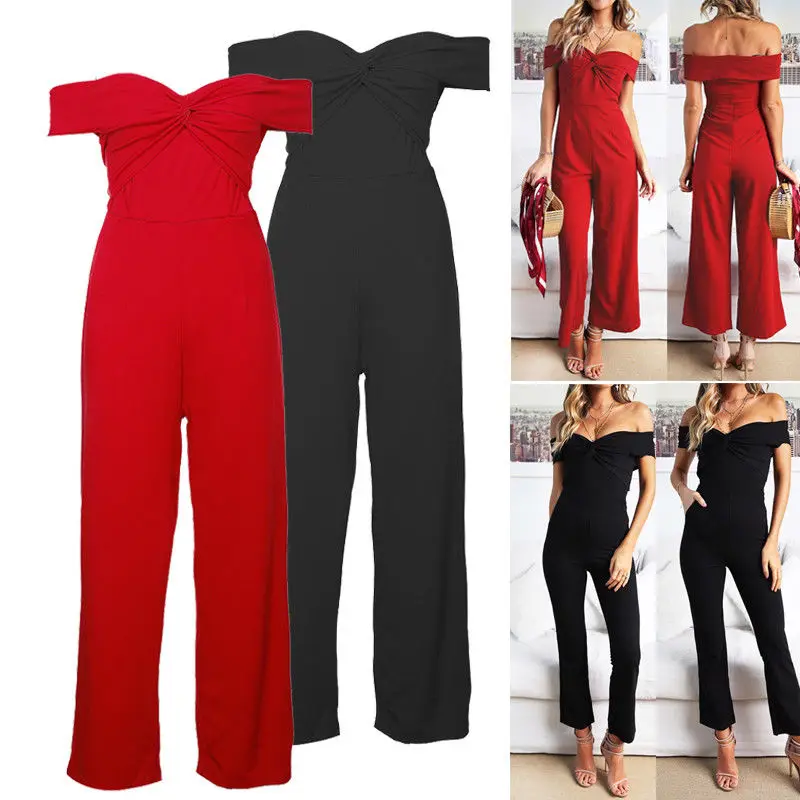 

Elegant Sexy Jumpsuits Women off shoulder V Neck Solid Jumpsuit Loose Trousers Wide Leg Pants Rompers Holiday Leotard Overalls
