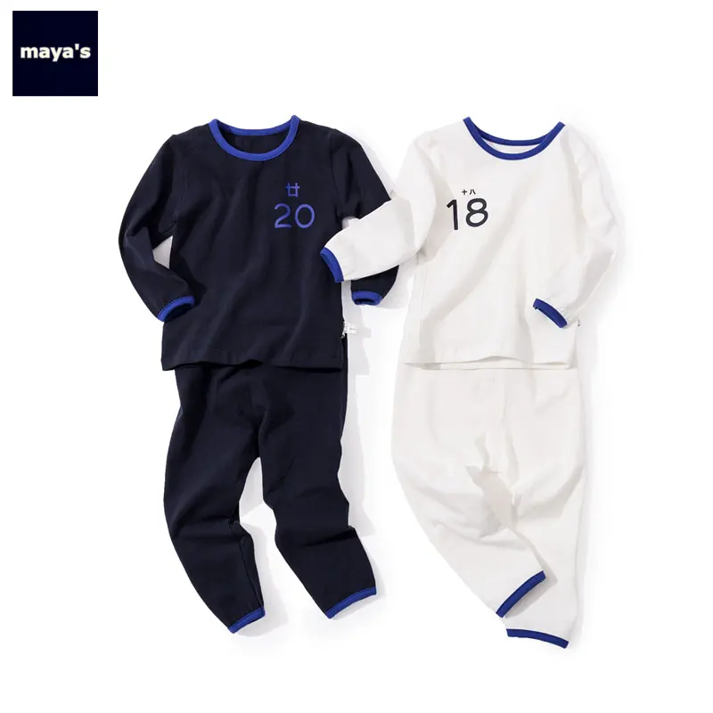 

Mayas 20 18 Printed Side Striped Cotton Children Clothing Sets Breathable Kids Basic Homewear Sets Toddler Basic Pajamas 81180