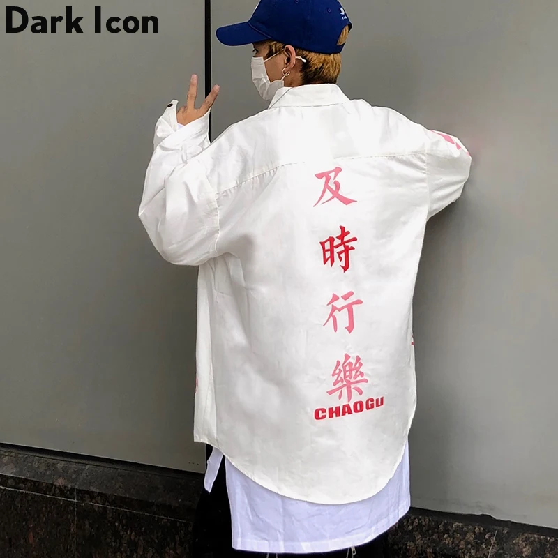 Dark Icon Letter Printed Street White Shirt Men Long Sleeve 2019 New Fashion Loose Men’s Shirts Casual Streetwear Clothes | Мужская