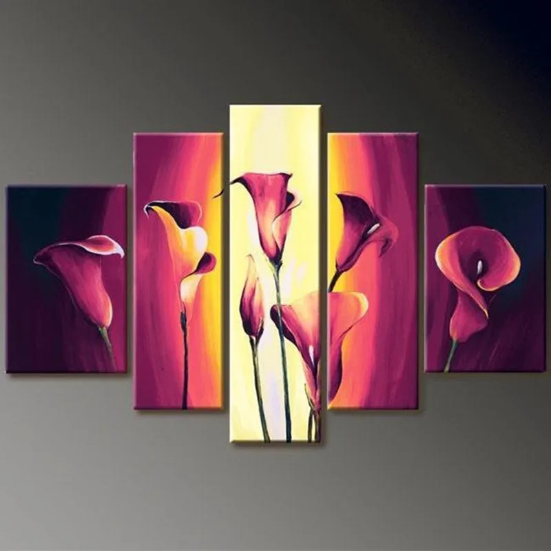 

Large 5 Piece Picture Handpainted Abstract Lily Flower Oil Painting on Canvas Home Decoration Wall Art Handmade Floral Paintings