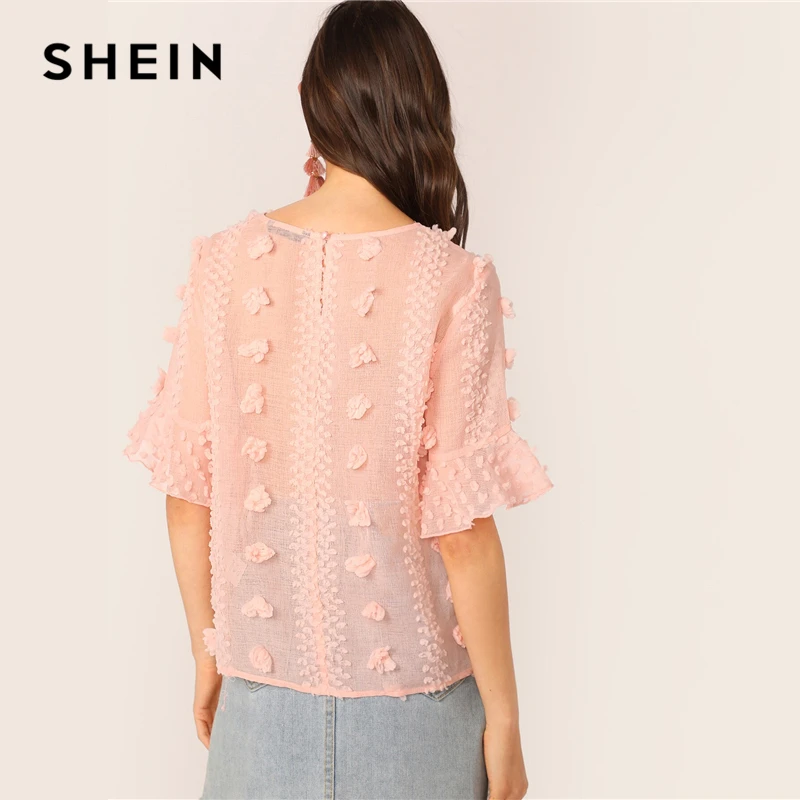 SHEIN элегантный розовый топ с 3D аппликацией и манжетами, блузка для женщин, короткий рукав, круглый вырез, Замочная скважина на спине, летние топы и блузки в стиле бохо