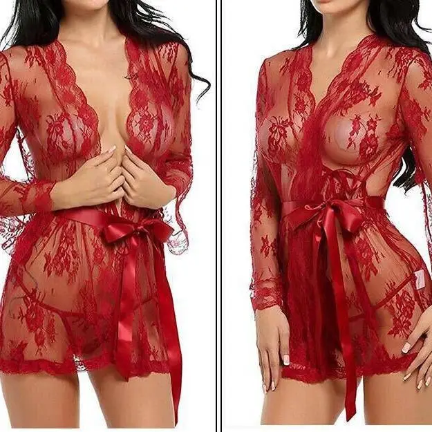 

Sexy lingerie bathrobe Eyelash lace kimono pajamas High-grade strappy nightdress set