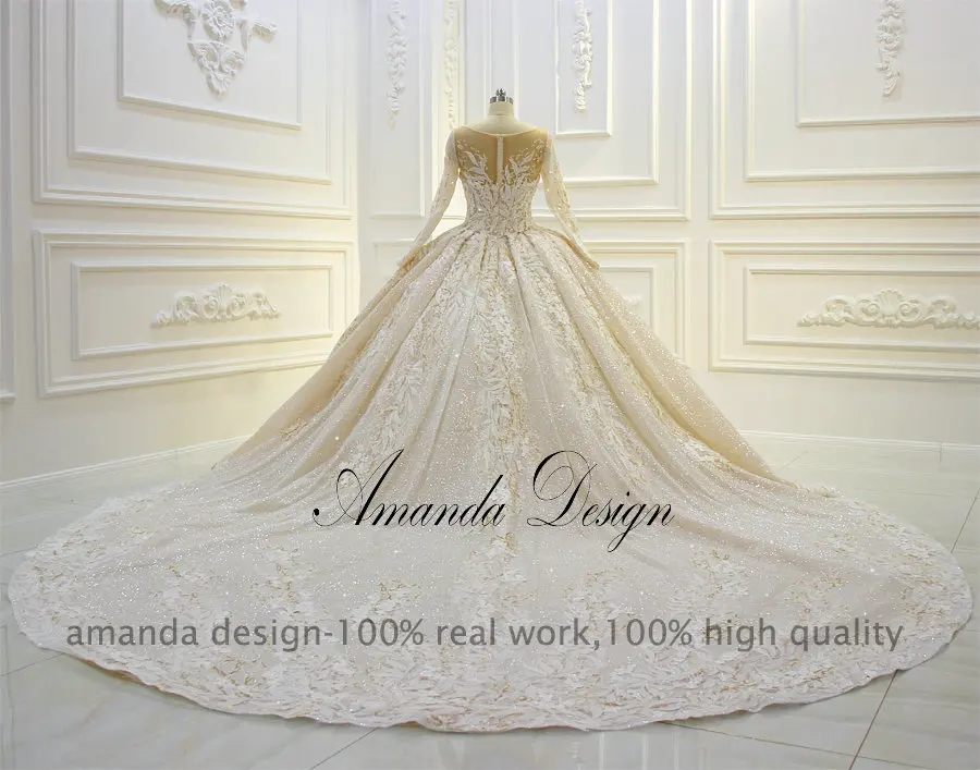 Аманда дизайн с длинным рукавом Кружева аппликация Бисероплетение узоры Пышное Бальное Платье блестящее свадебное платье