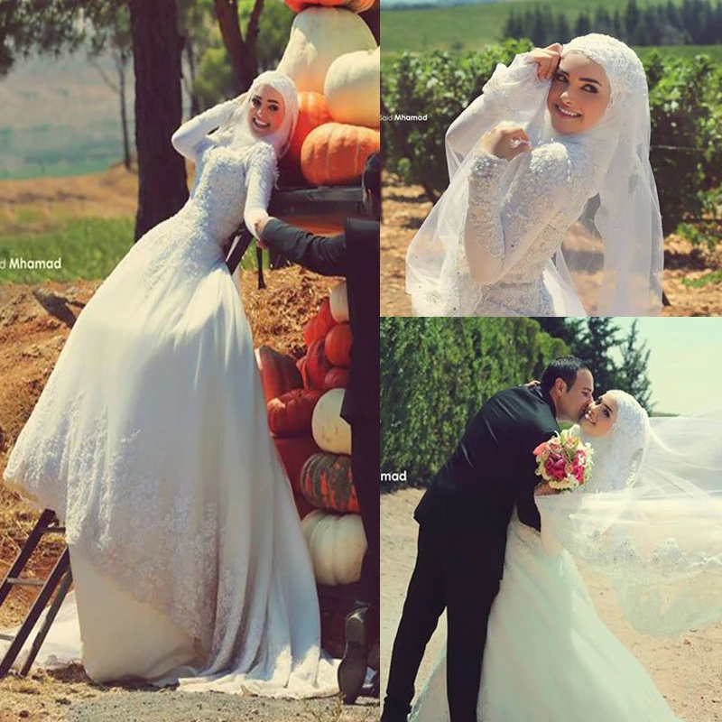 

Robe De Mariage Beautiful Photos Israeli Muslims Wedding Dress Long Sleeve Appliques Lace Bride Gowns