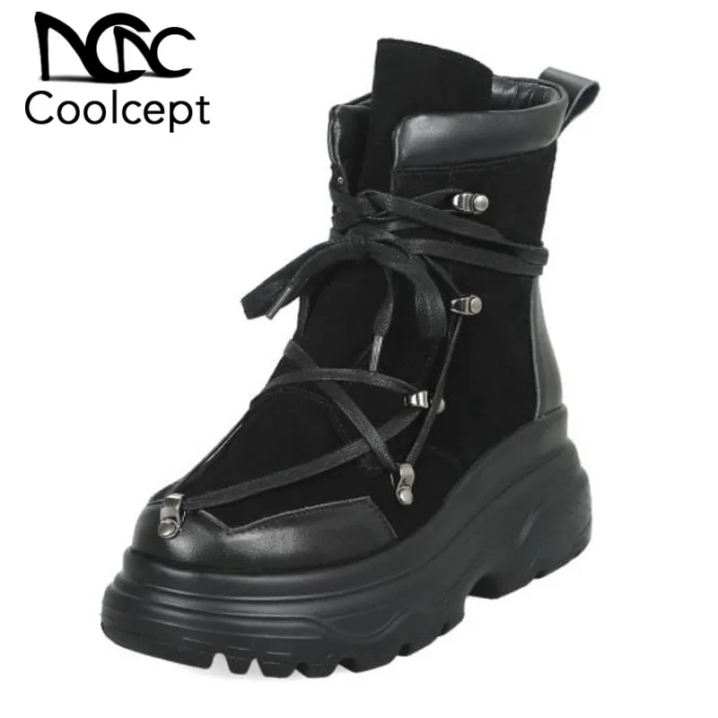 

Coolcept Vintage Women Real Leather Flats Boots Lace Up Punk Shoes Motorcycle Warm Platform Shoes Winter Footwear Size 33-43