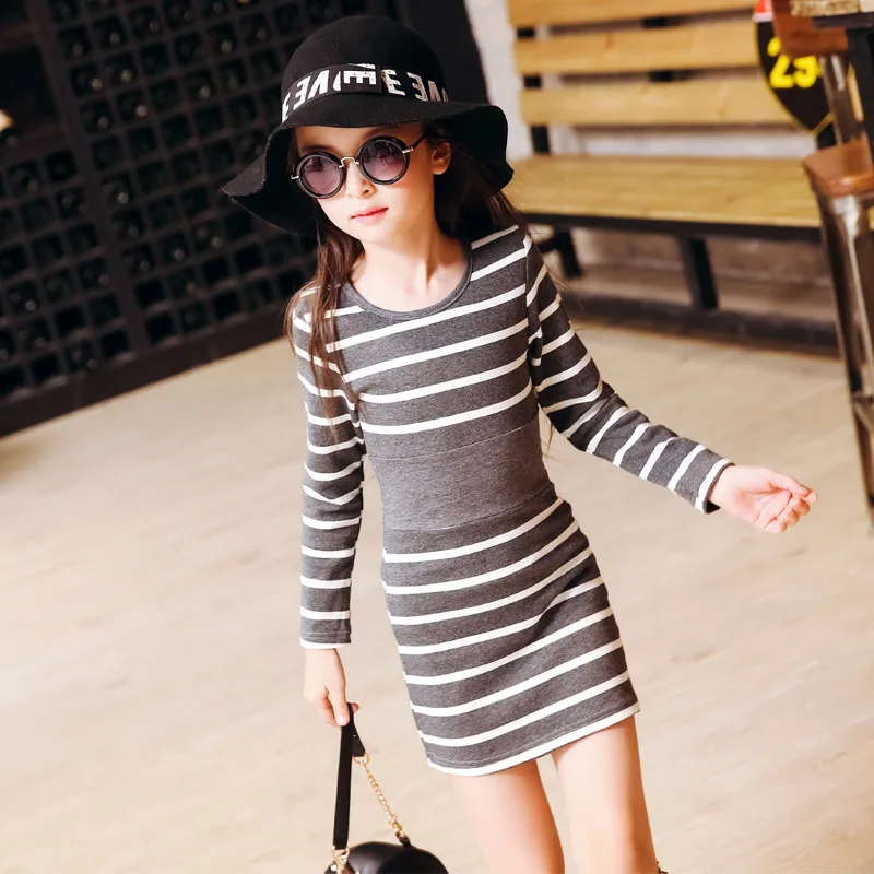 

Girl dress autumn Casual style Striped Princess dresses Cotton long sleeve Skinny Birthday clothes for teenage Black Grey color
