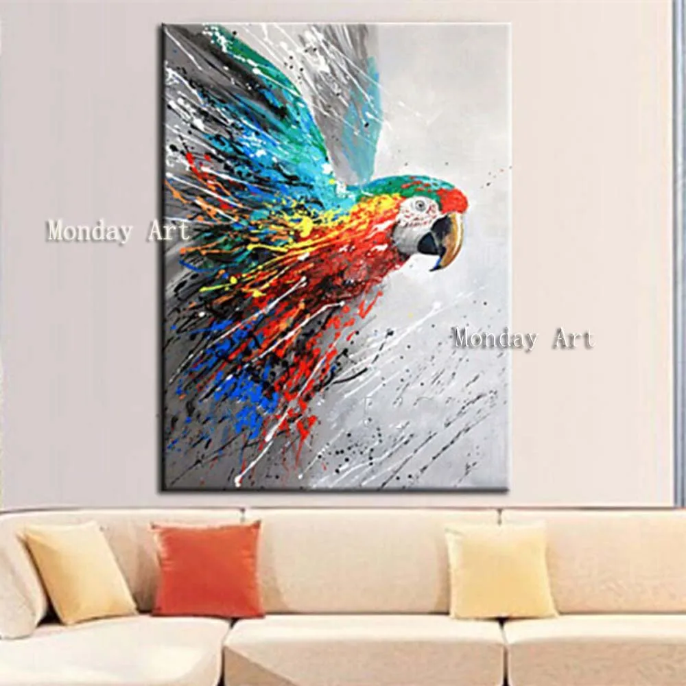 Modern-Home-Decor-Wall-Art-Handmade-Funny-Colorful-Parrot-Pictures-Hand-Painted-Large-Abstract-Cartoon-Oil