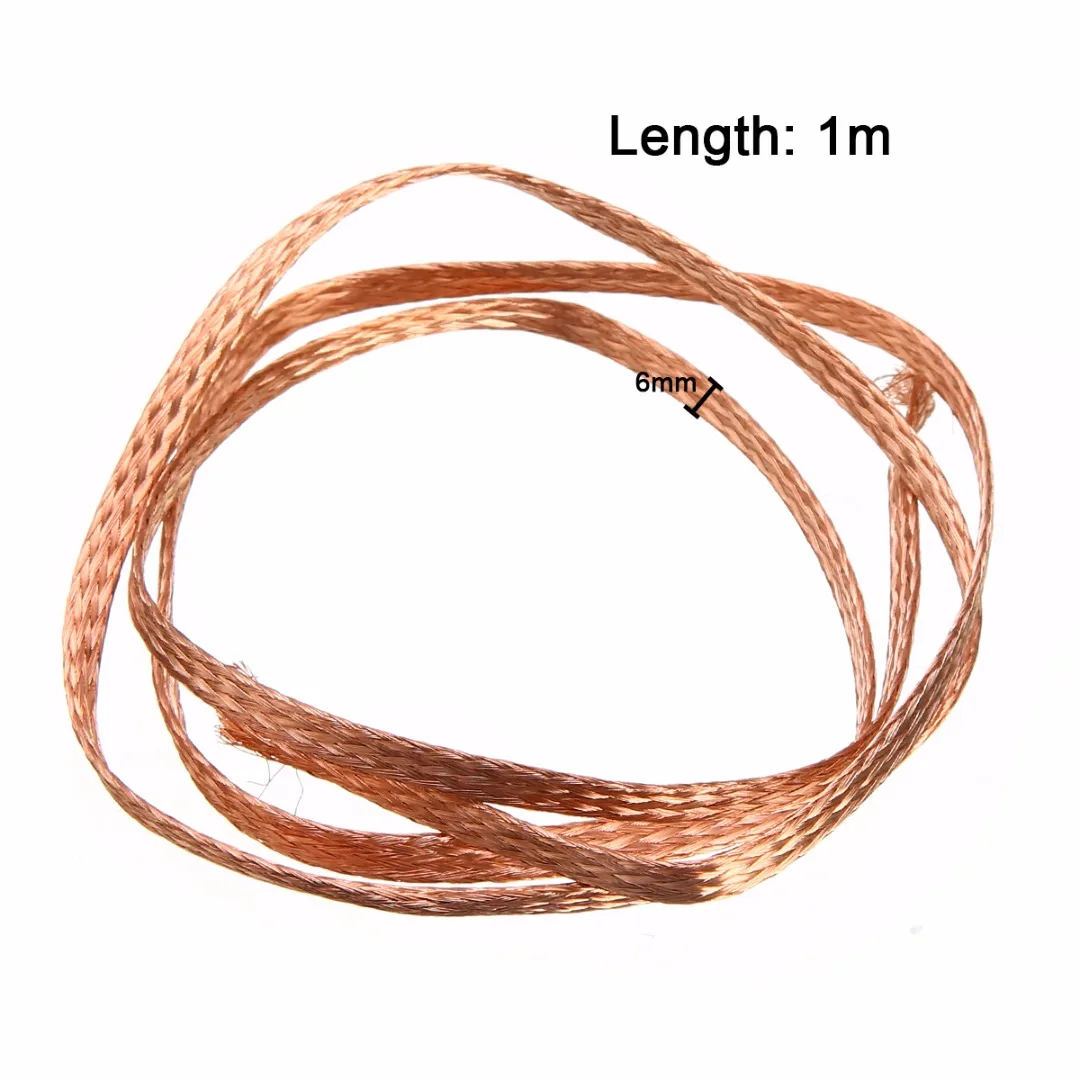 1m 3.3ft Length Flat Pure Copper Braid High Flexibility 6mm Width Cable Bare Copper Braid Wire Connect Ground Lead