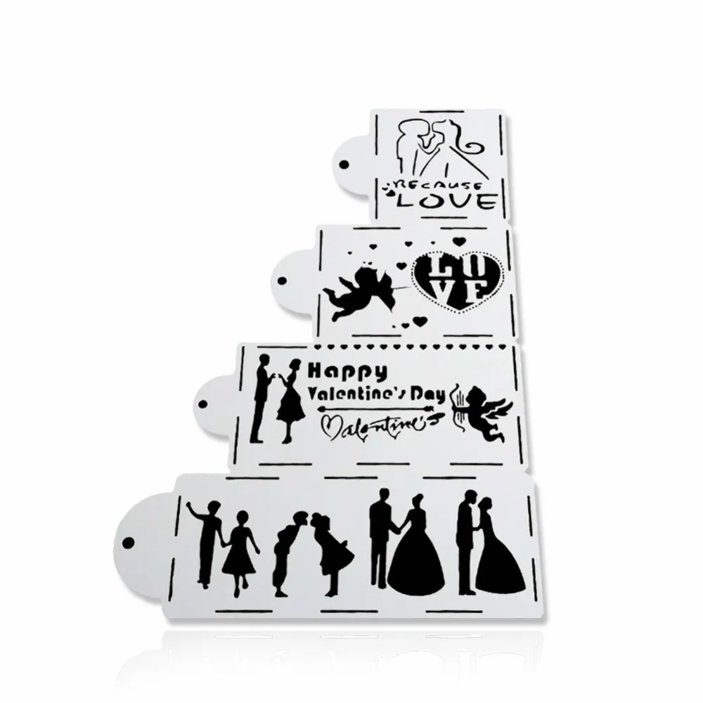 4PCS Happy Valentine's Day Fondant Decorating Love Cake Stencil Wedding Decoration Cupcake Template Mold Baking Tool | Дом и сад