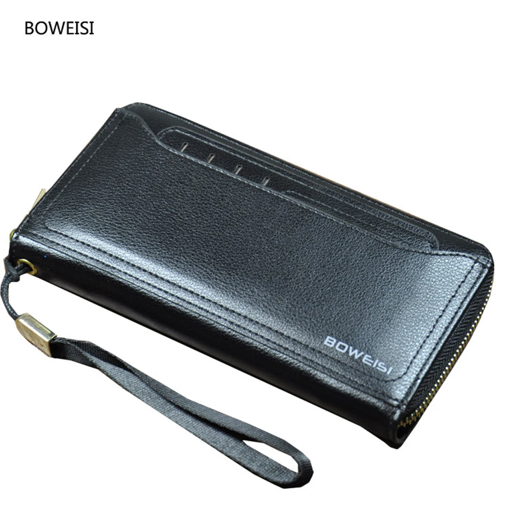 BOWEISI Long Wallet Men Fashion Male business Purse leisure zipper wallet single pull handbag PU Leather Men Credit Card Holder