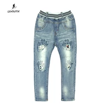 По заводской цене стильные детские джинсы унисекс с дырками и рисунком ладони детские штаны с эластичной резинкой на талии