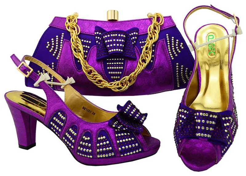 

New Arrival Purple Color Matching Italian Shoe and Bag Set Decorated with Rhinestone Italian Ladies Shoe and Bag Set for Wedding