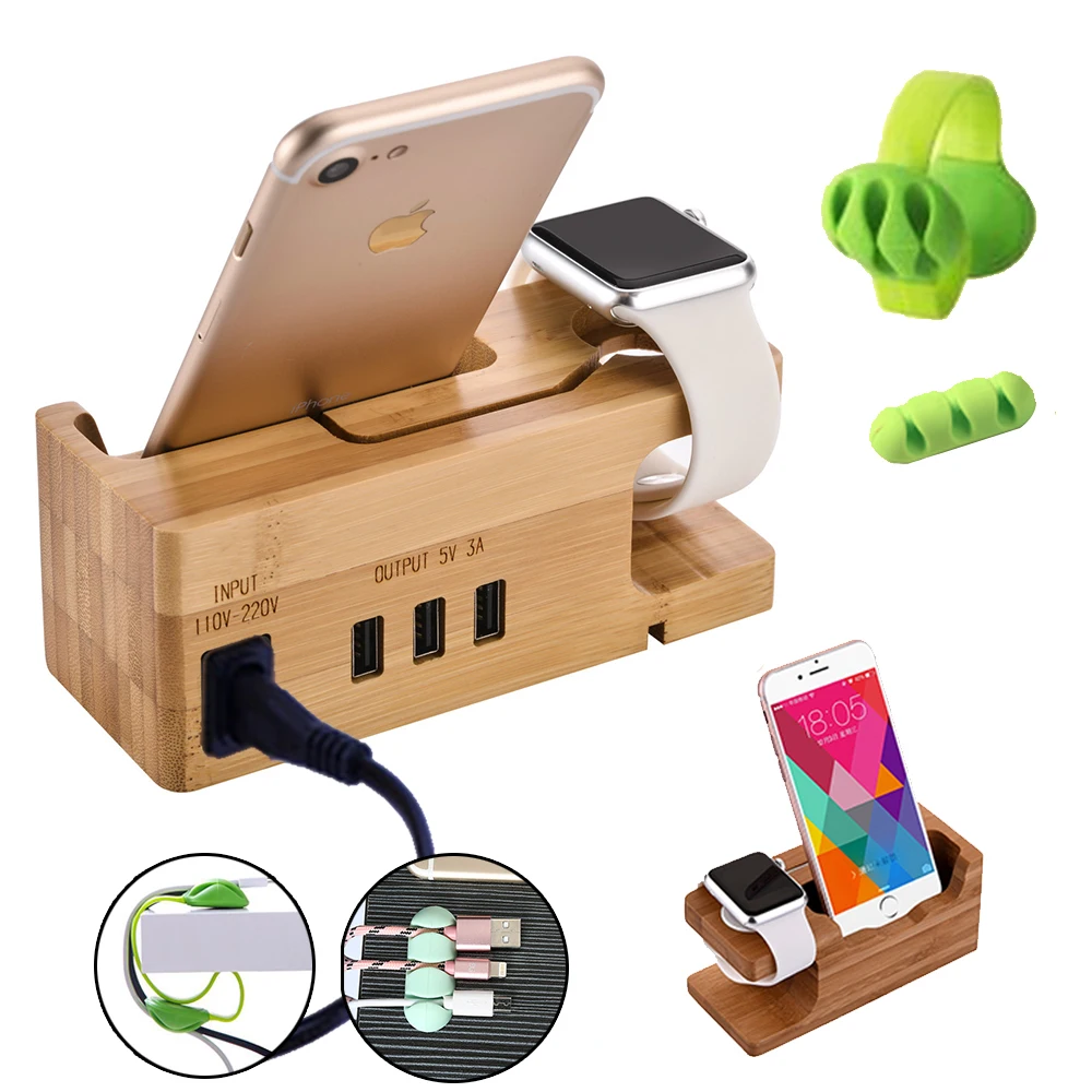 Зарядная док-станция S9S8S6 с 3 USB-портами зарядная для iphone X apple watch xiaomi redmi бамбуковое