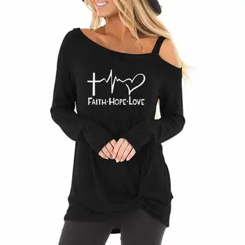 

New Arrival Long Sleeve Oblique Shoulder T-Shirt Faith Letters Print T-Shirt for Women Harajuku Tops Tshirt Punk Graphic Tees