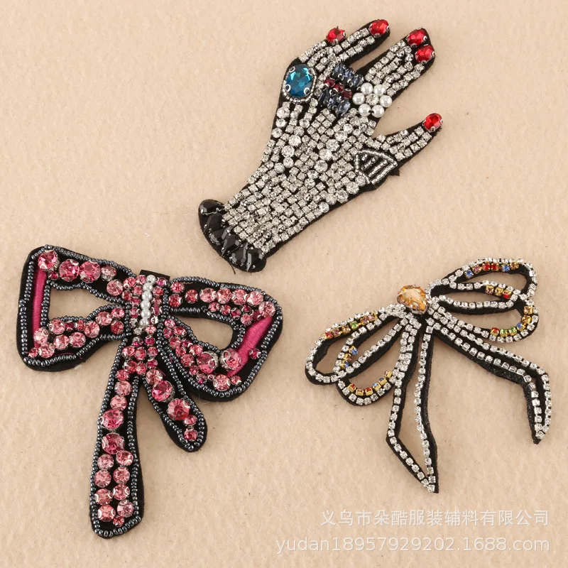 

2pcs/lot 3D Sew Diamond Drill Bead Embroidery Patches Clothing Accessories Leather Bag Ring Palm Bow Diy Cute Applique Clothes