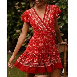 2019 летнее женское богемное мини-платье с цветочным принтом, богемное сексуальное платье трапециевидной формы с коротким рукавом, женское