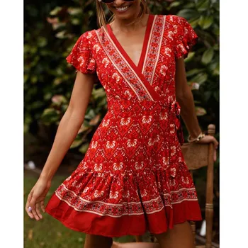 

2019 Summer Women Boho Floral Print Mini Dress Bohemian Sexy Short Sleeve A-Line Dress Ladies Casual Hippie V Neck Beach Dress