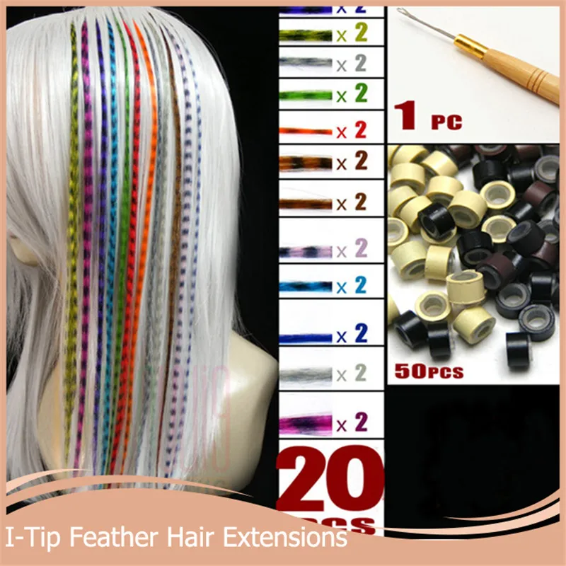 20pcs/lot + 50 Beads+1 pc Hooked Needles 16''40cm Long Grizzly Hair Extensions Multicolor Feather Synthetic Hairpiece
