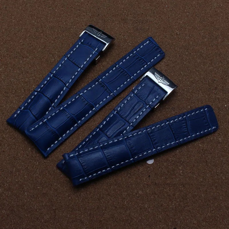 Dark Blue Watchbands 22mm 24mm Watchband crocodile grain Watch bracelet with silver clasp deployment white thread