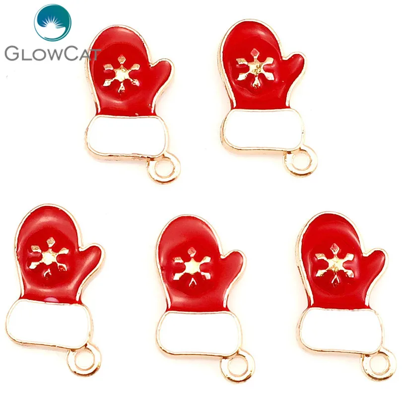 

5pcs/lot Light Gold Enamel Merry Christmas Red Warmth Glove Winter Pendant Jewelry Finding Making 22313