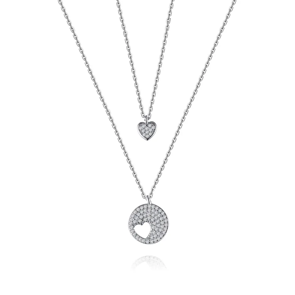 

VOJEFEN 925 Sterling Silver Double Layer Necklace for Women with Heart and Round Cubic Zircon Pendant Necklace