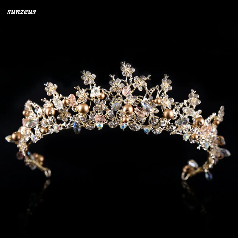 Золото барокко свадебный венец красивые цветы филиал свадебная тиара с жемчугом и стразами Головные уборы SQ0280