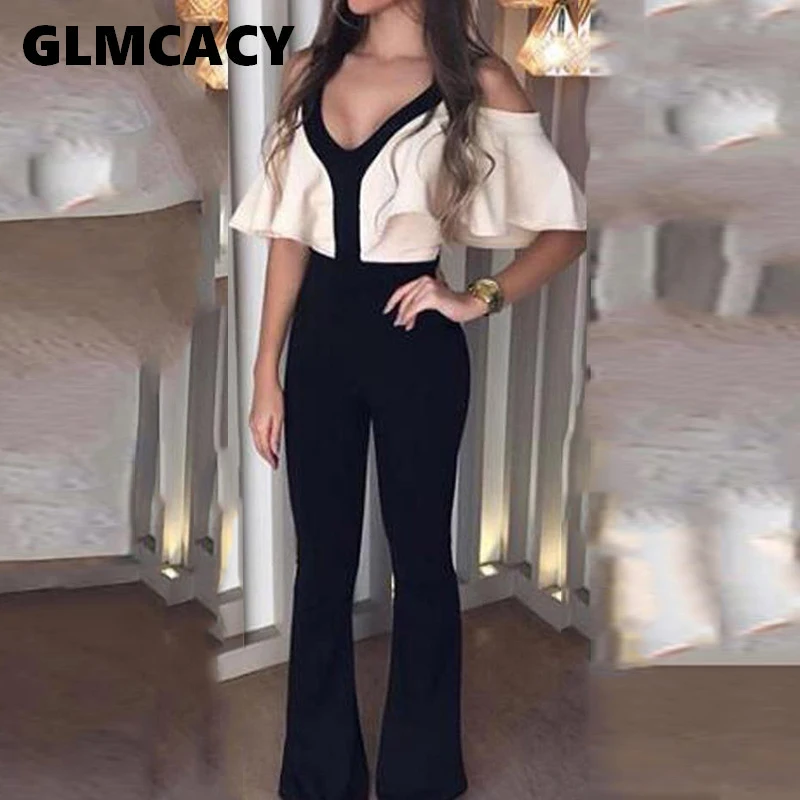 

Women Ruffles Cold Shoulder Jumpsuit Romper Long V Neck Button Striped Summer Jumpsuit Female Wide Leg Casual Overalls