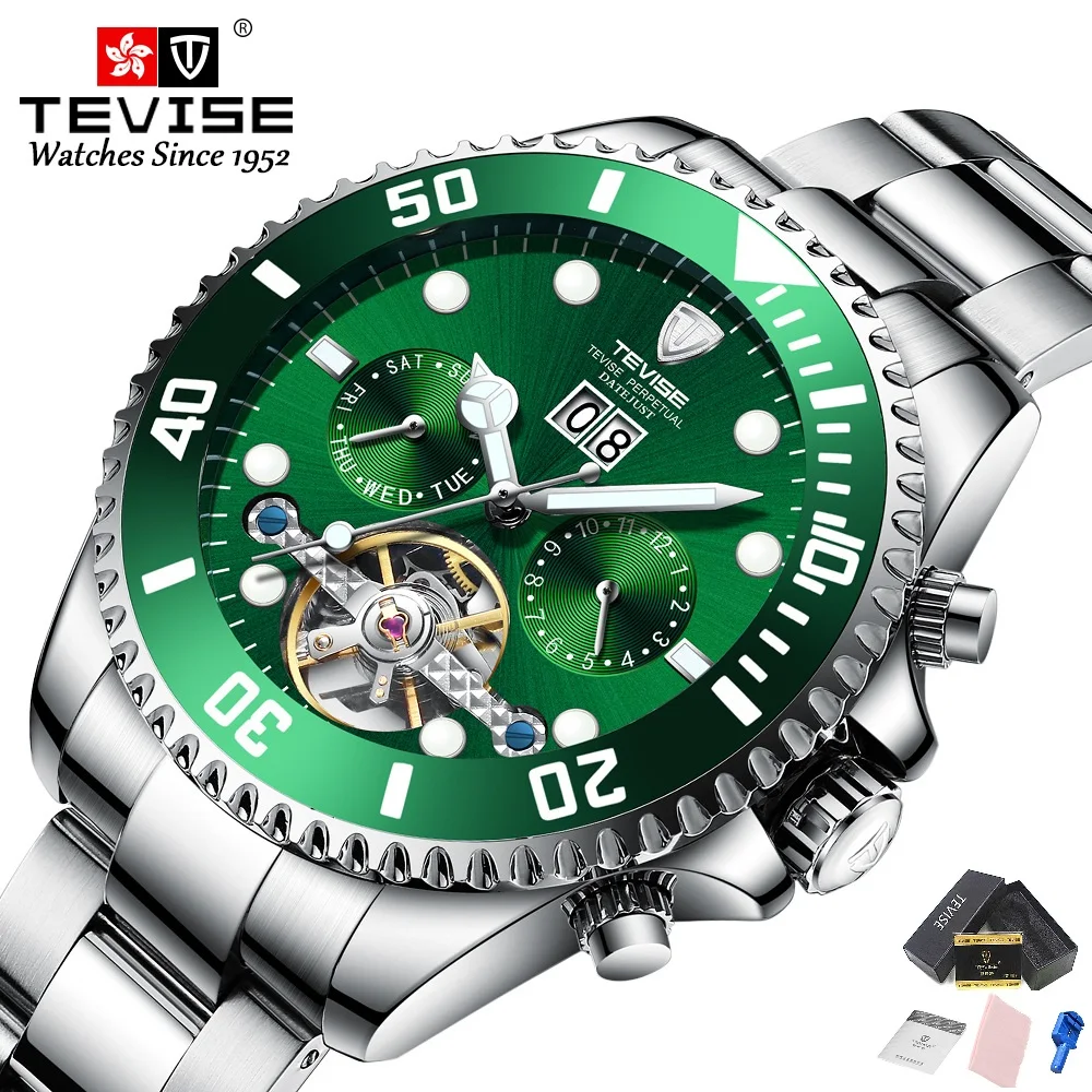 Tevise-男性用t823f高級時計,日付,週,月,自動機械式時計