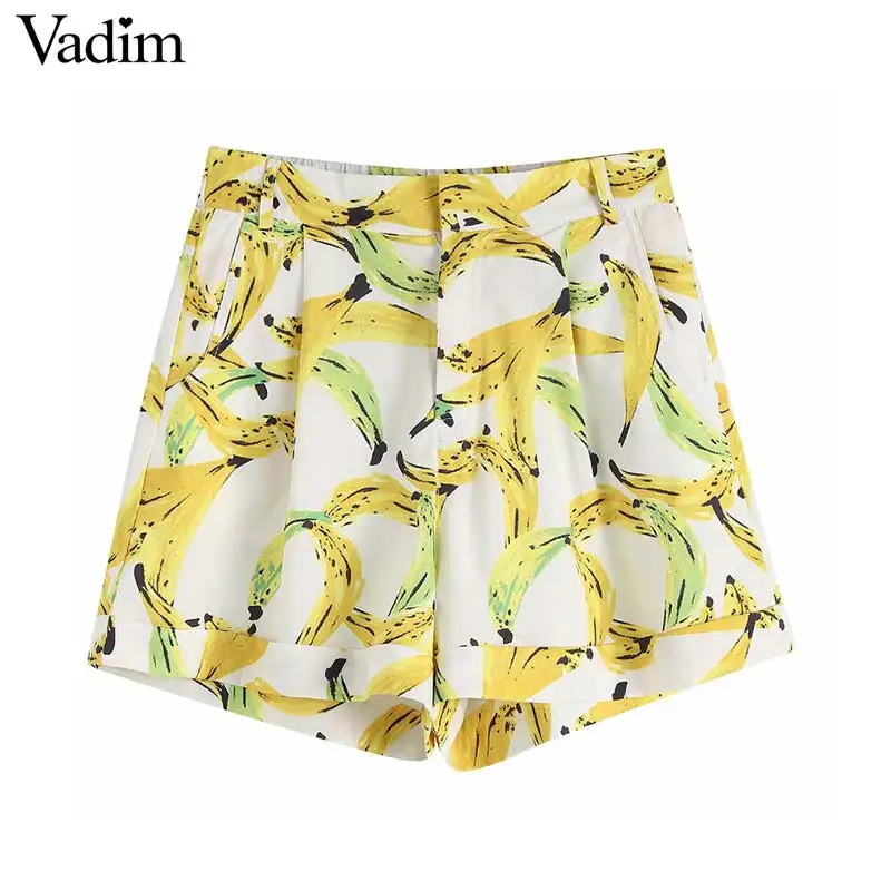 

Vadim women sweet print shorts banana pattern elastic waist zipper fly pockets female casual chic shorts pantalones cortos SA095