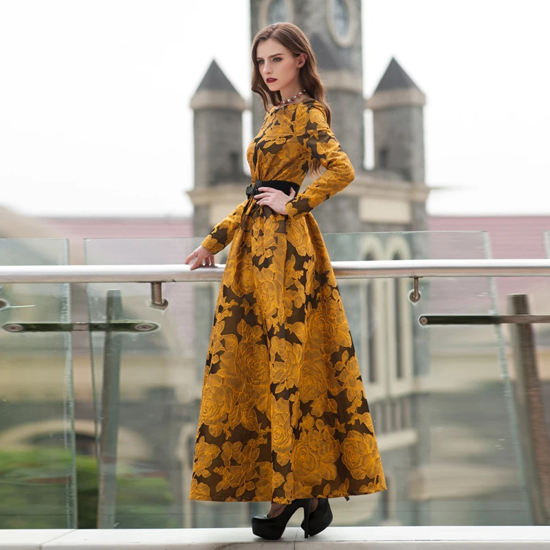 Date S Plus Robe Longues 3xl De Floral Taille Maxi Magnifique Femmes À Longue Manches Jacquard La Designer N8nw0Oyvm
